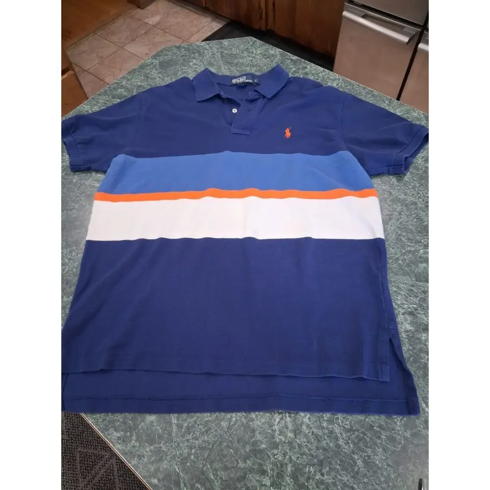 Polo Ralph Lauren Mens L Blue Orange White Colorblock Striped Polo Shirt Pony